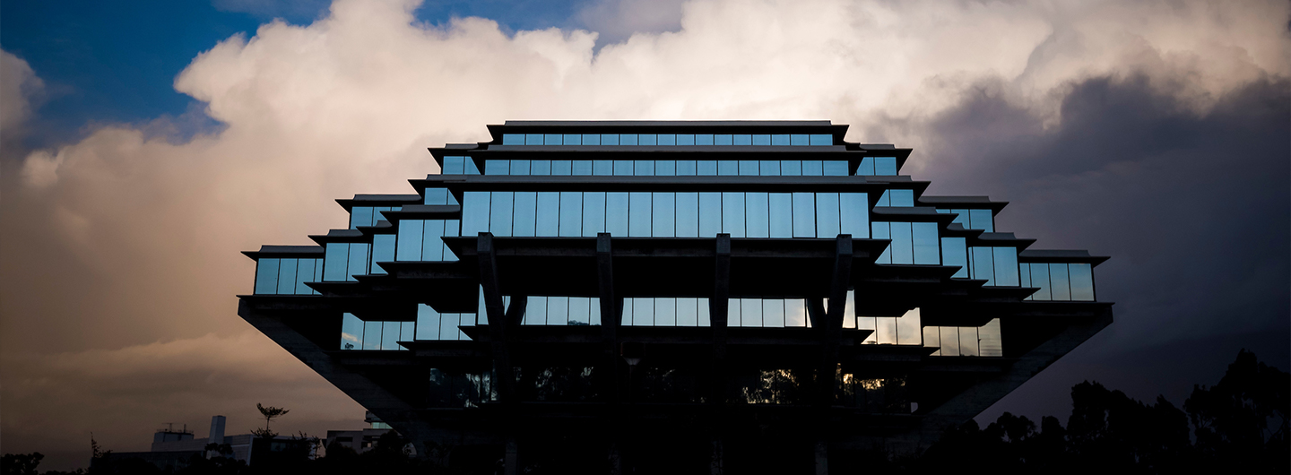 Geisel Library with clouds behind it
