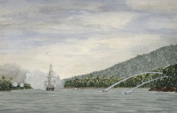 Illustration of a ship sailing in a bay